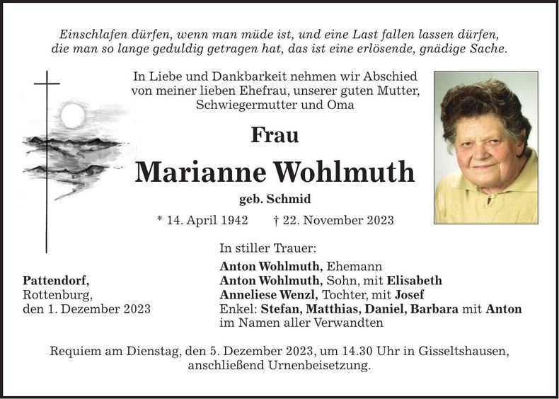 Traueranzeige Marianne Wohlmuth