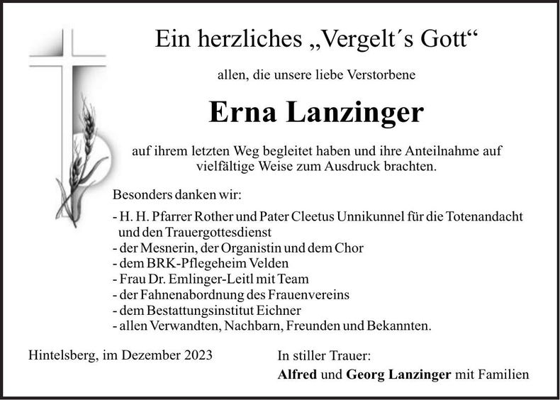 Traueranzeige Erna Lanzinger