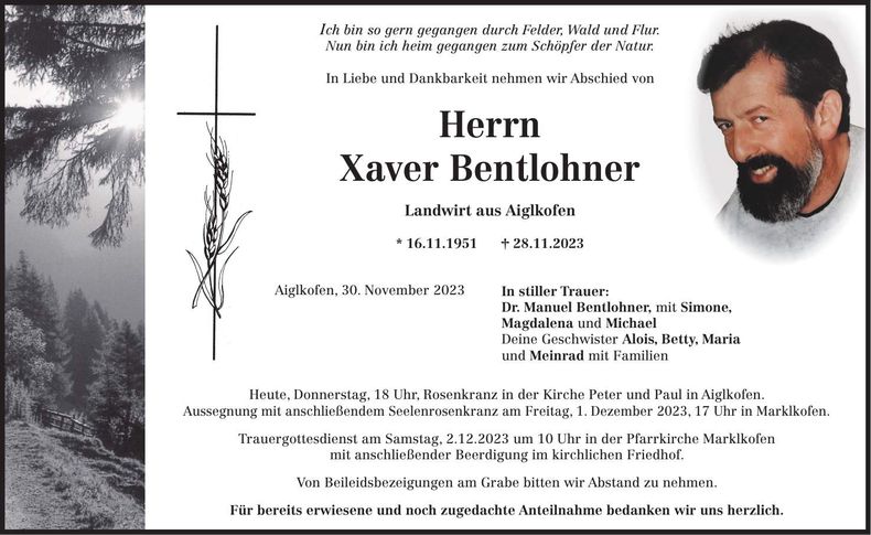 Traueranzeige Xaver Bentlohner