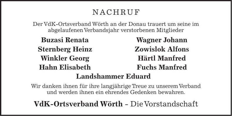 Traueranzeige Ortsverband Vdk Wörth