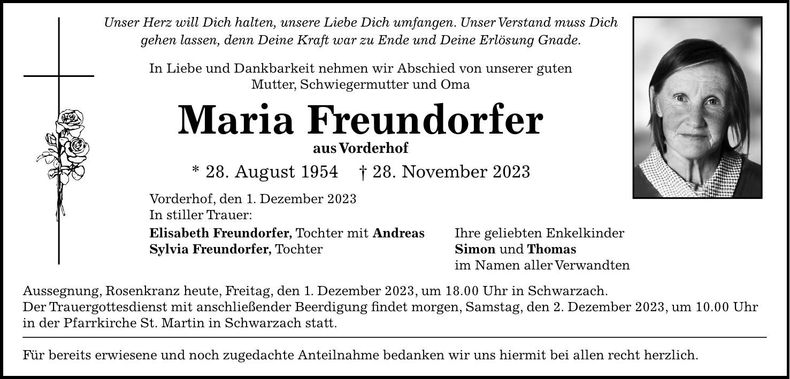 Traueranzeige Maria Freundorfer