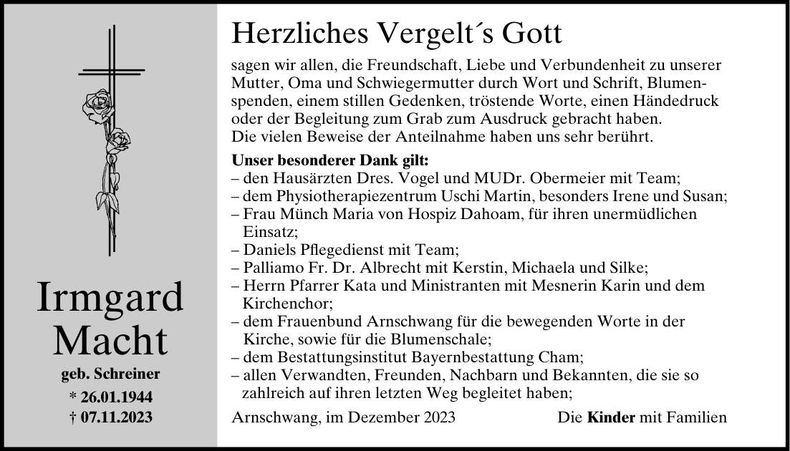 Traueranzeige Irmgard Macht
