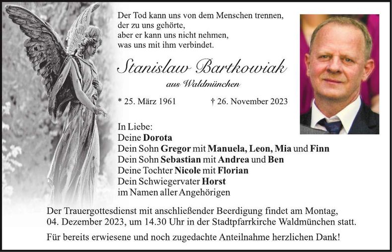 Traueranzeige Stanislaw Bartkowiak