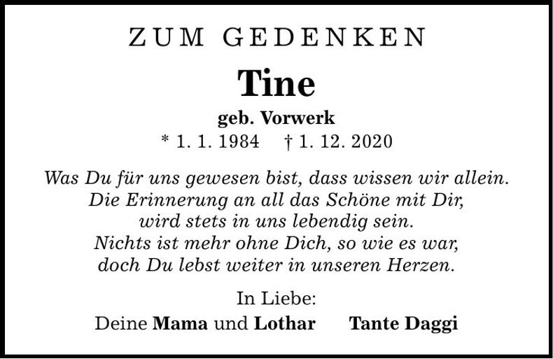 Traueranzeige Tine geb. Vorwerk