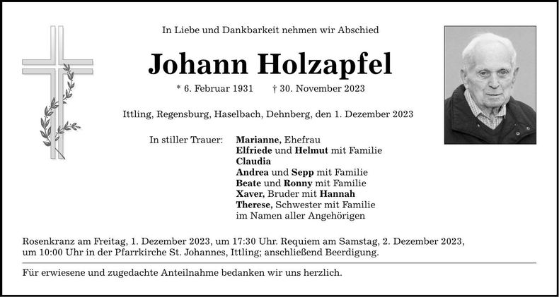 Traueranzeige Johann Holzapfel