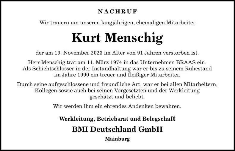 Traueranzeige Kurt Menschig