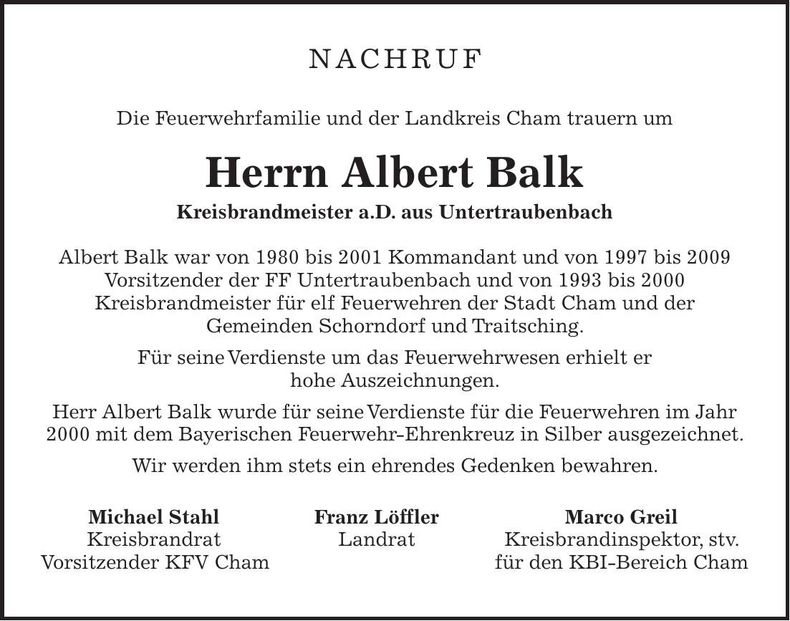 Traueranzeige Albert Balk