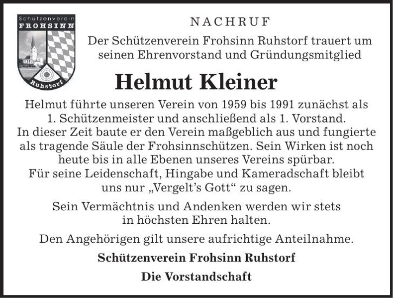 Traueranzeige Helmut Kleiner