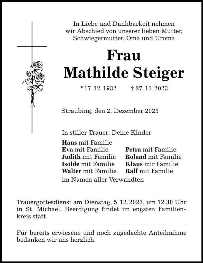 Traueranzeige Mathilde Steiger
