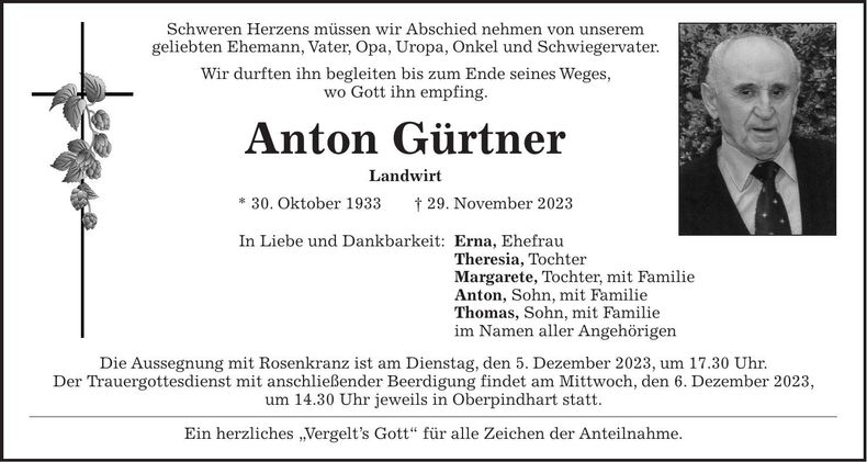 Traueranzeige Anton Gürtner Anton Gürtner