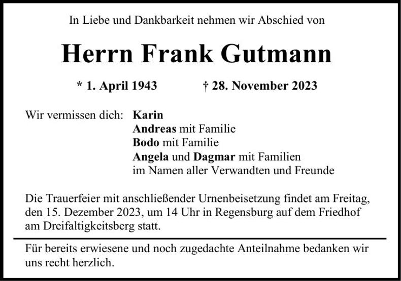 Traueranzeige Frank Gutmann