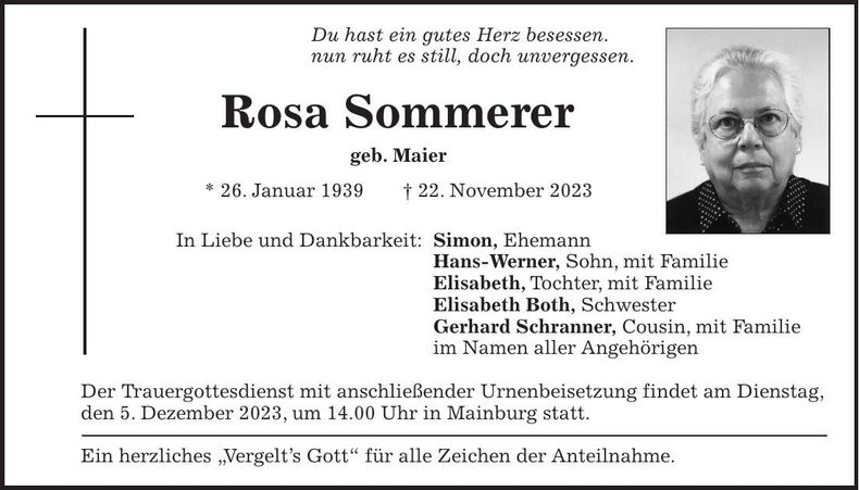 Traueranzeige Rosa Sommerer