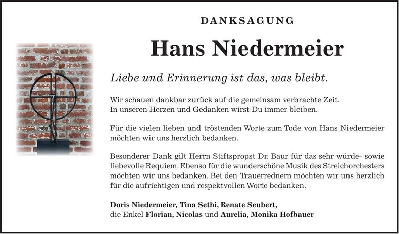 Traueranzeige Hans Niedermeier