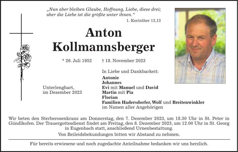 Traueranzeige Anton Kollmannsberger