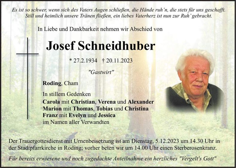 Traueranzeige Josef Schneidhuber