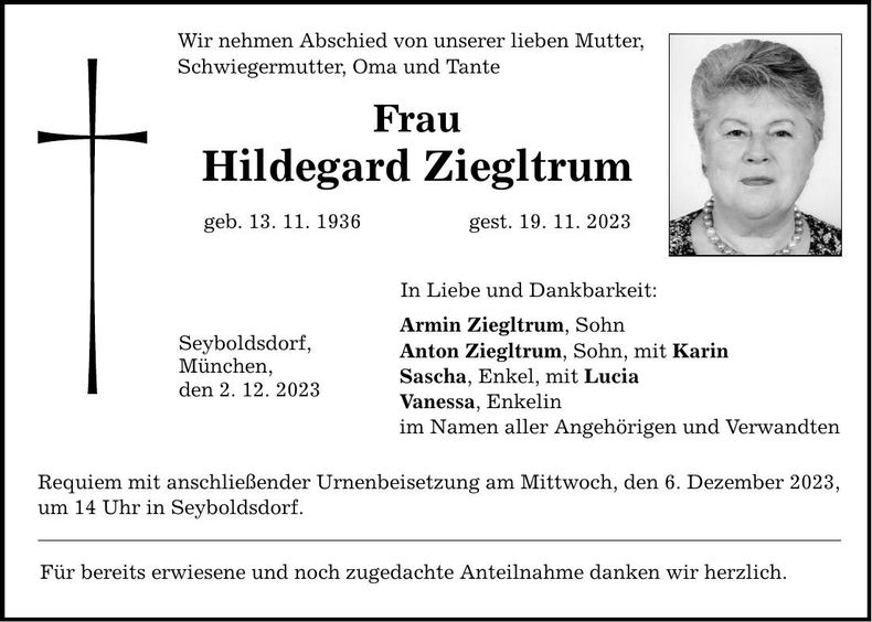 Traueranzeige Hildegard Ziegltrum