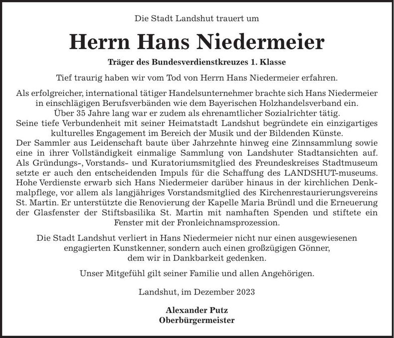 Traueranzeige Hans Niedermeier