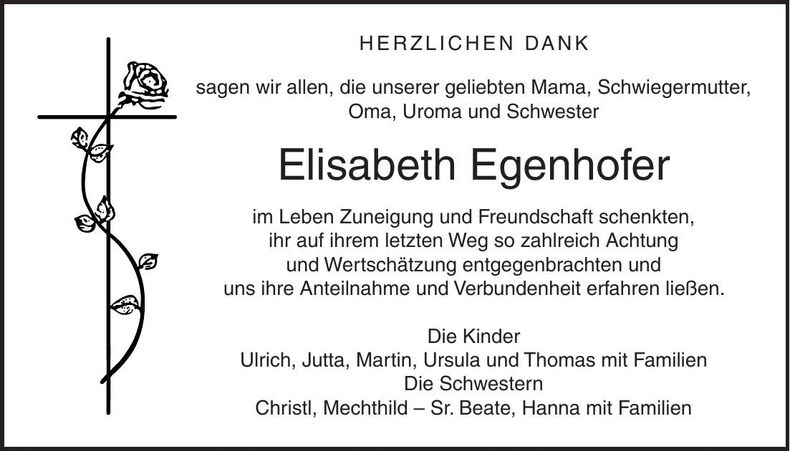 Traueranzeige Elisabeth Egenhofer