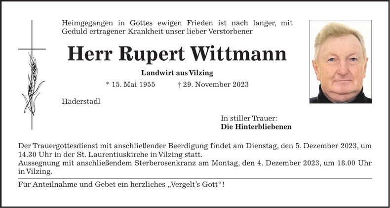 Traueranzeige Rupert Wittmann