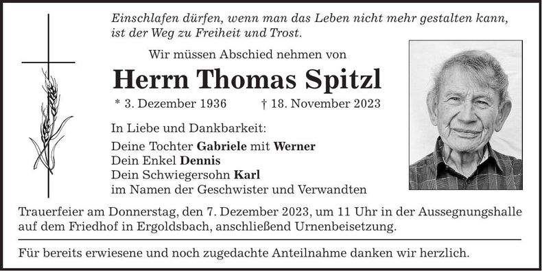 Traueranzeige Thomas Spitzl