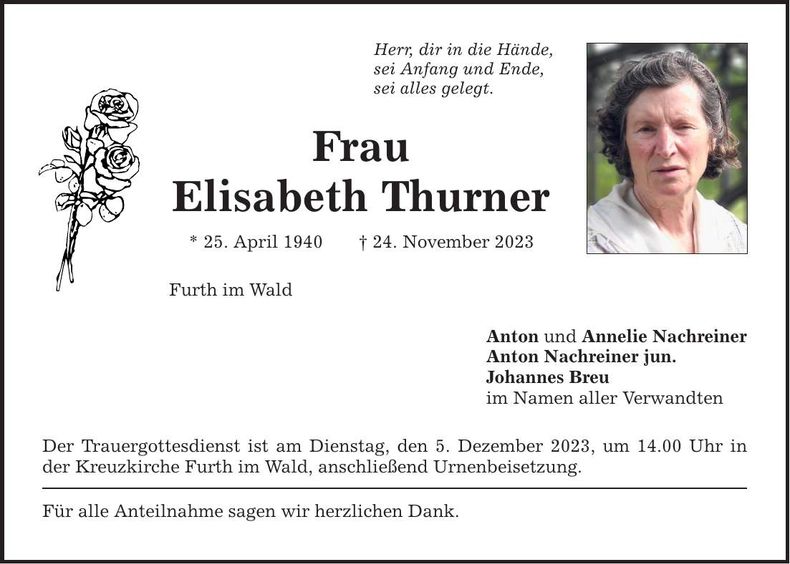 Traueranzeige Elisabeth Thurner