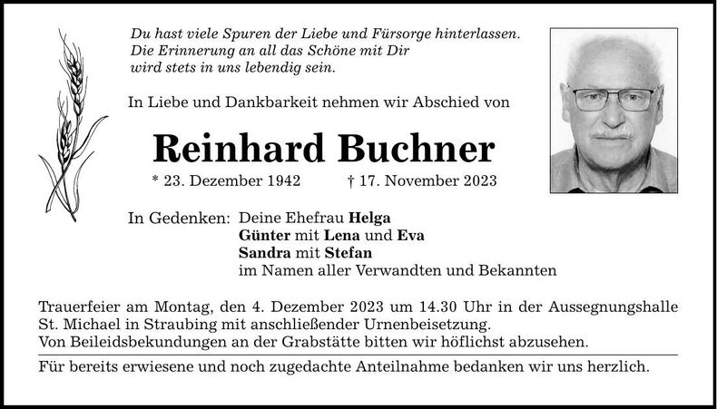 Traueranzeige Reinhard Buchner