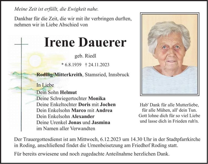 Traueranzeige Irene Dauerer