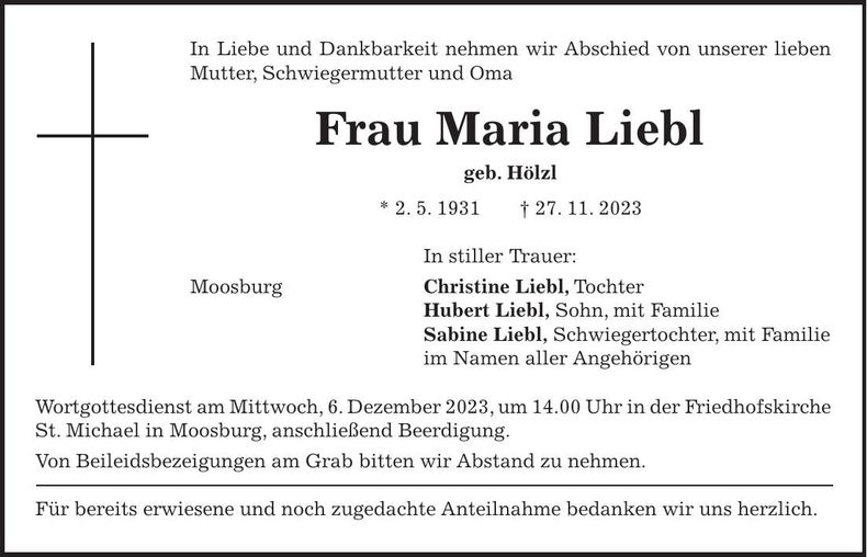 Traueranzeige Maria Liebl