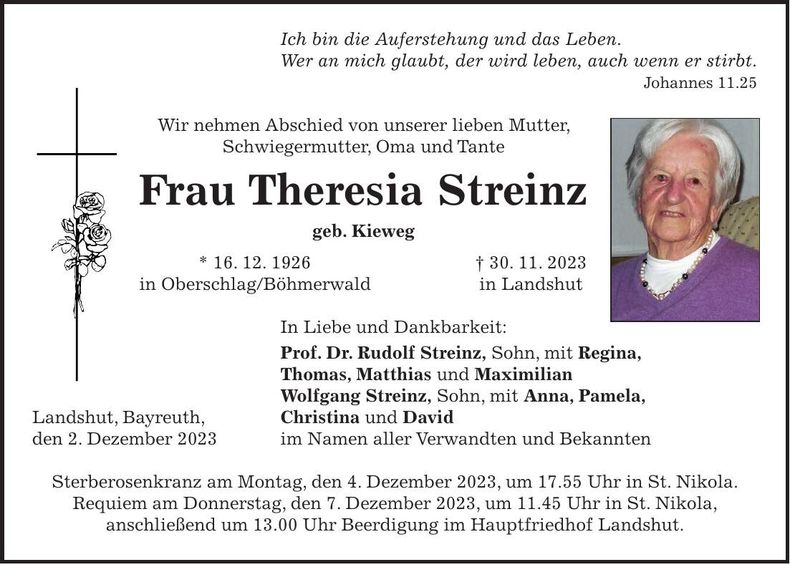 Traueranzeige Theresia Streinz