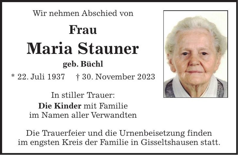Traueranzeige Maria Stauner