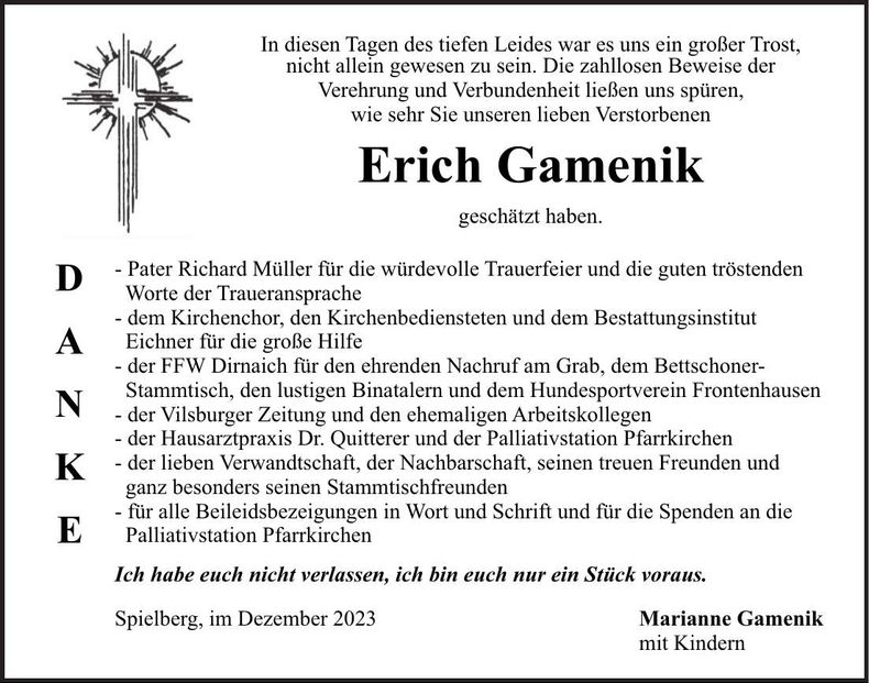 Traueranzeige Erich Gamenik
