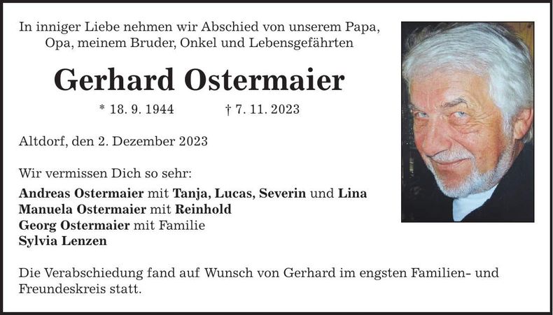 Traueranzeige Gerhard Ostermaier