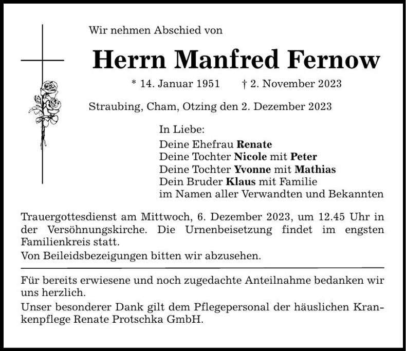 Traueranzeige Manfred Fernow