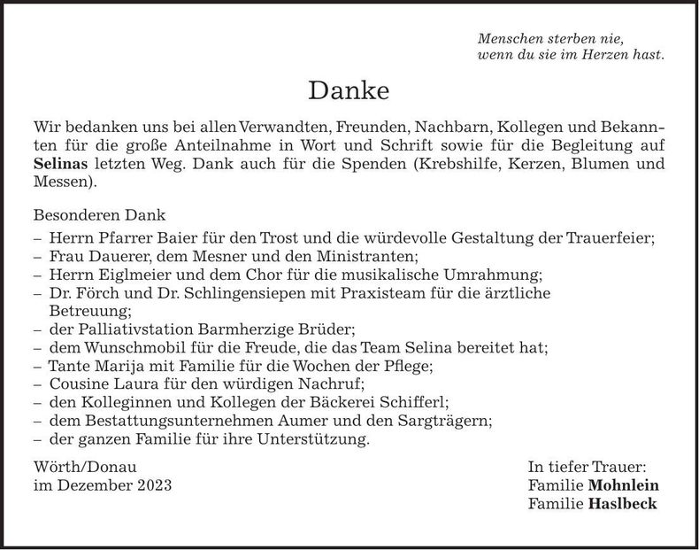Traueranzeige Selina Mohnlein