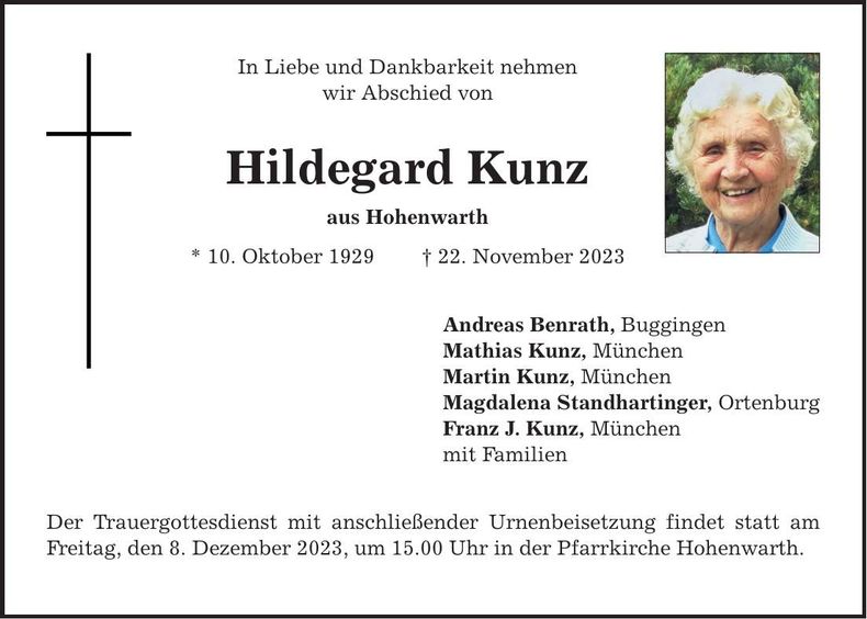 Traueranzeige Hildegard Kunz