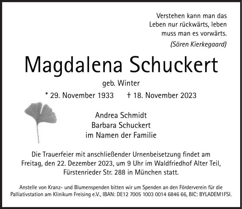 Traueranzeige Magdalena Schuckert