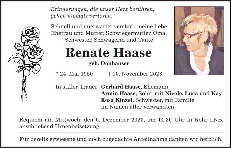 Traueranzeige Renate Haase