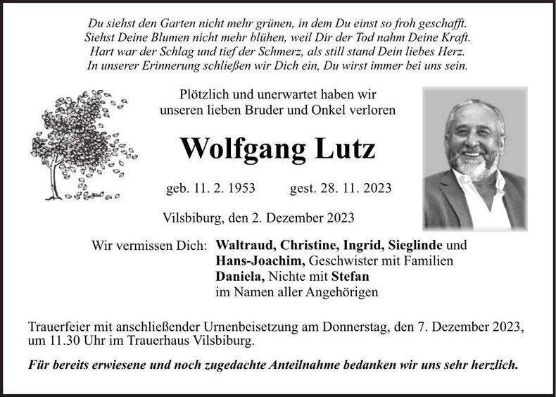 Traueranzeige Wolfgang Lutz