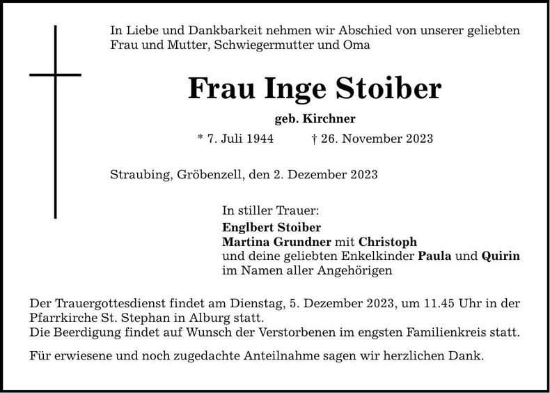 Traueranzeige Inge Stoiber
