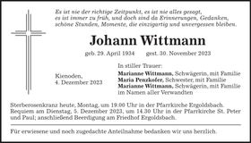 Traueranzeige Johann Wittmann