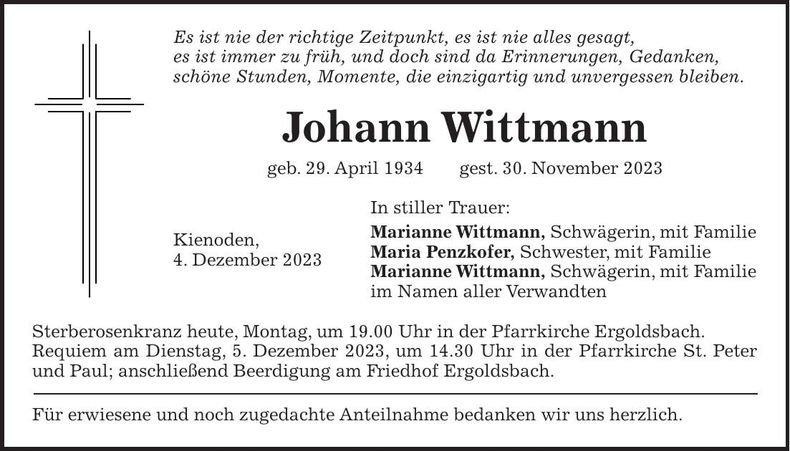 Traueranzeige Johann Wittmann