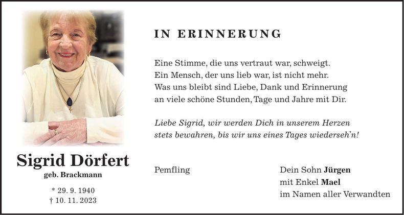 Traueranzeige Sigrid Dörfert