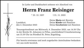 Traueranzeige Franz Reisinger