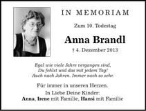 Traueranzeige Anna Brandl