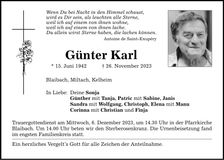 Traueranzeige Günter Karl