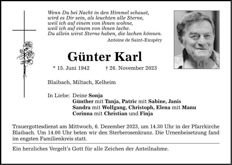Traueranzeige Günter Karl