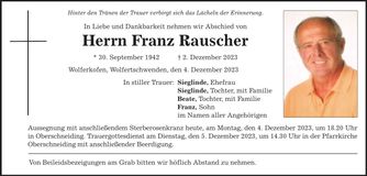 Traueranzeige Franz Rauscher