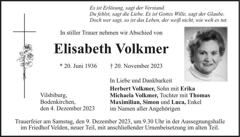 Traueranzeige Elisabeth Volkmer