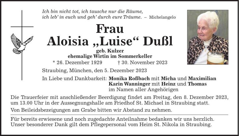 Traueranzeige Aloisia "Luise" Dußl