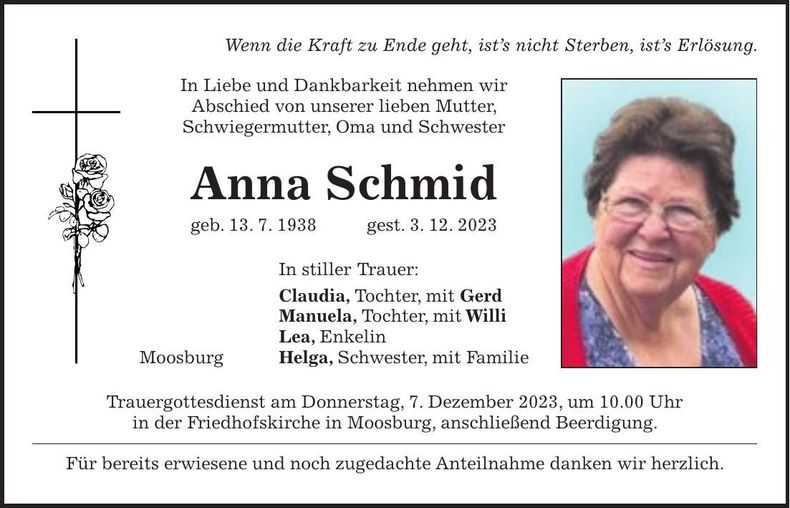 Traueranzeige Anna Schmid